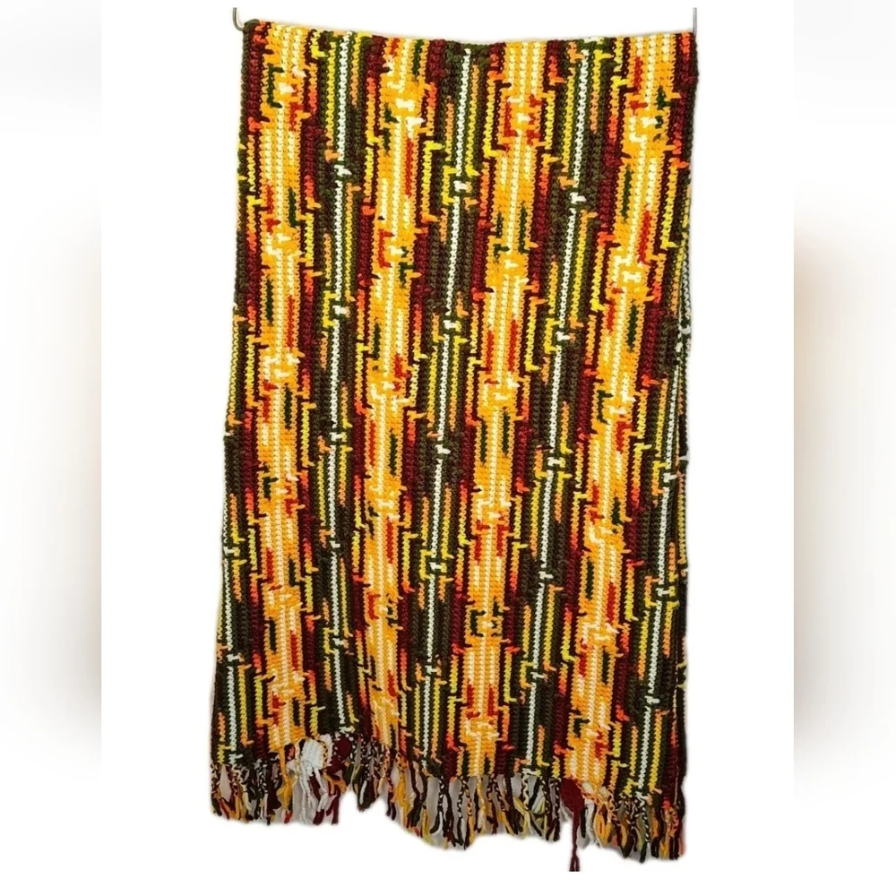 Retro 70s Fringed Crochet Blanket Scarf Wrap Shawl Handmade Lap Throw Fall 36/72